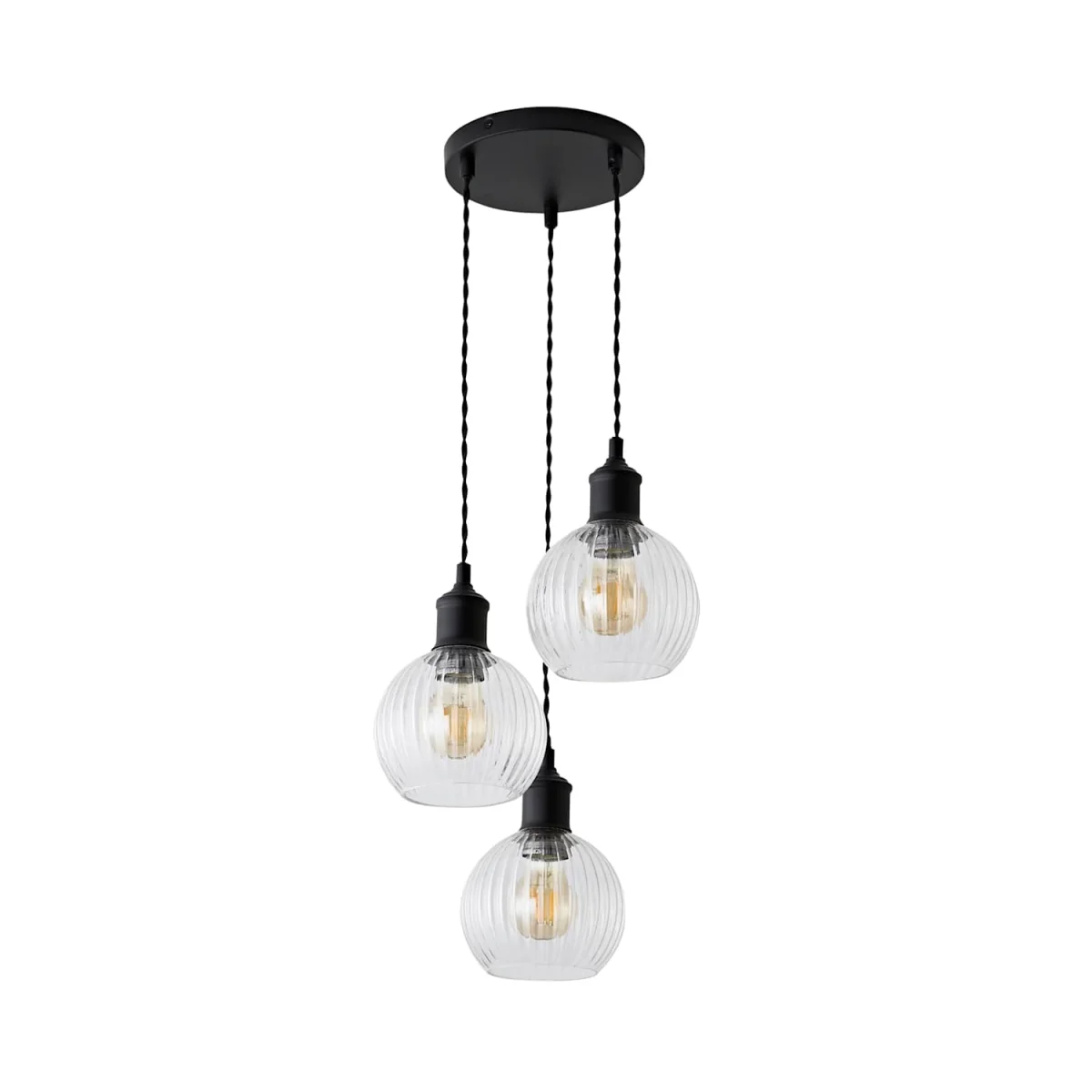 Maddison Clear Ribbed Glass Shade 3 Drop Diner Ceiling Pendant Light - Black / No - Black – image 5
