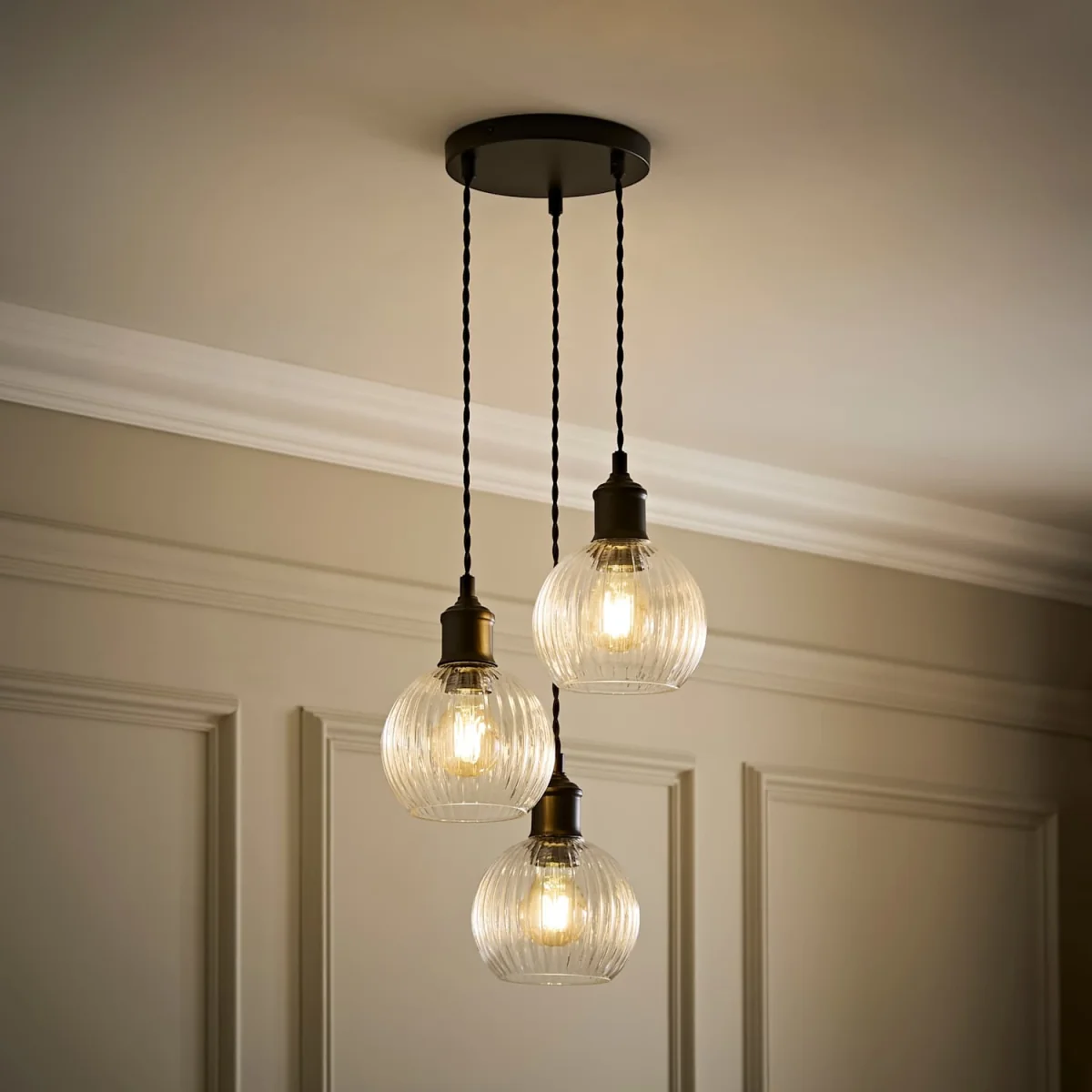 Maddison Clear Ribbed Glass Shade 3 Drop Diner Ceiling Pendant Light - Black / No - Black – image 1
