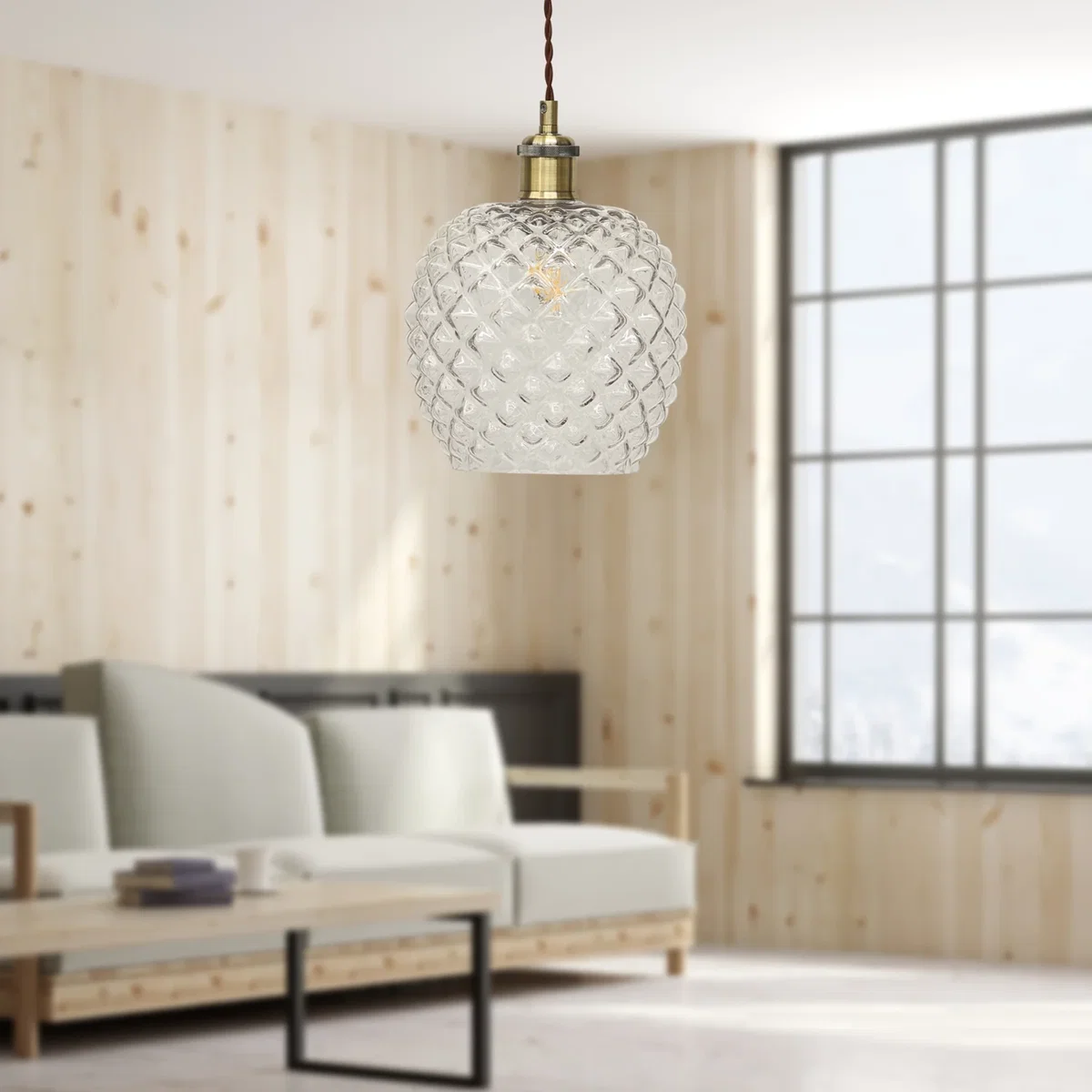 Set Of 2 Baine Clear Textured Glass Antique Brass Retro Pendants - Antique Brass & Clear – image 5
