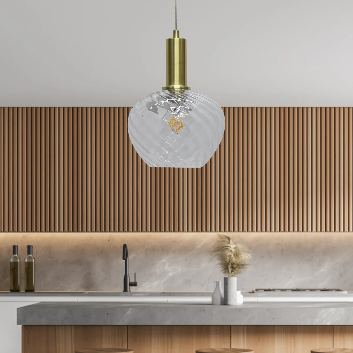 Bradson Ceiling Single Pendant Light - Clear Swirl Glass With Satin Brass Plate Detail – image 3