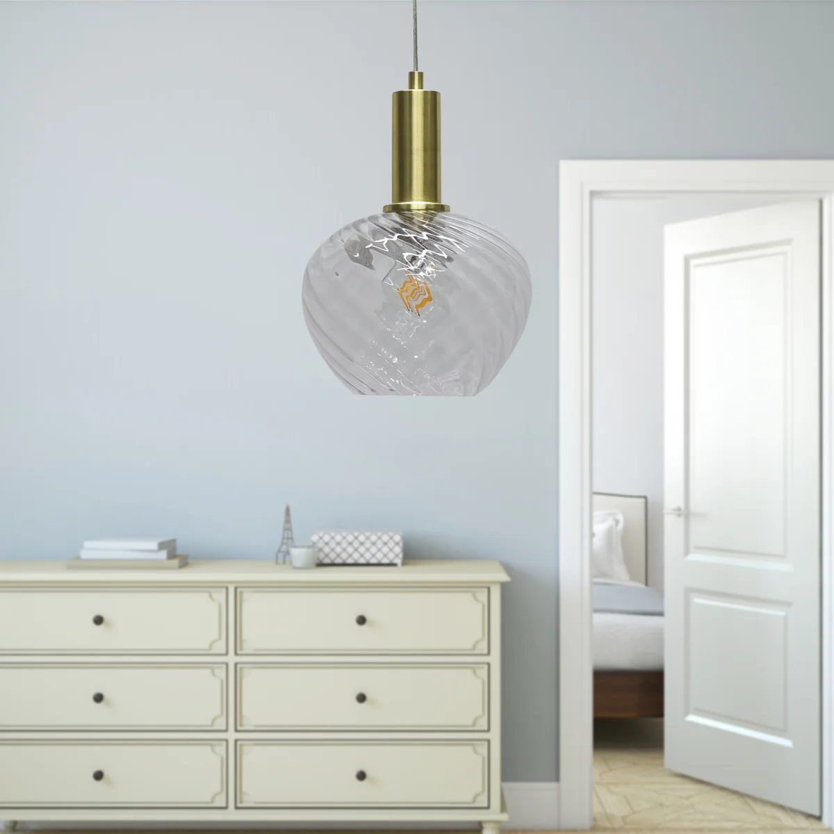 Bradson Ceiling Single Pendant Light - Clear Swirl Glass With Satin Brass Plate Detail – image 4