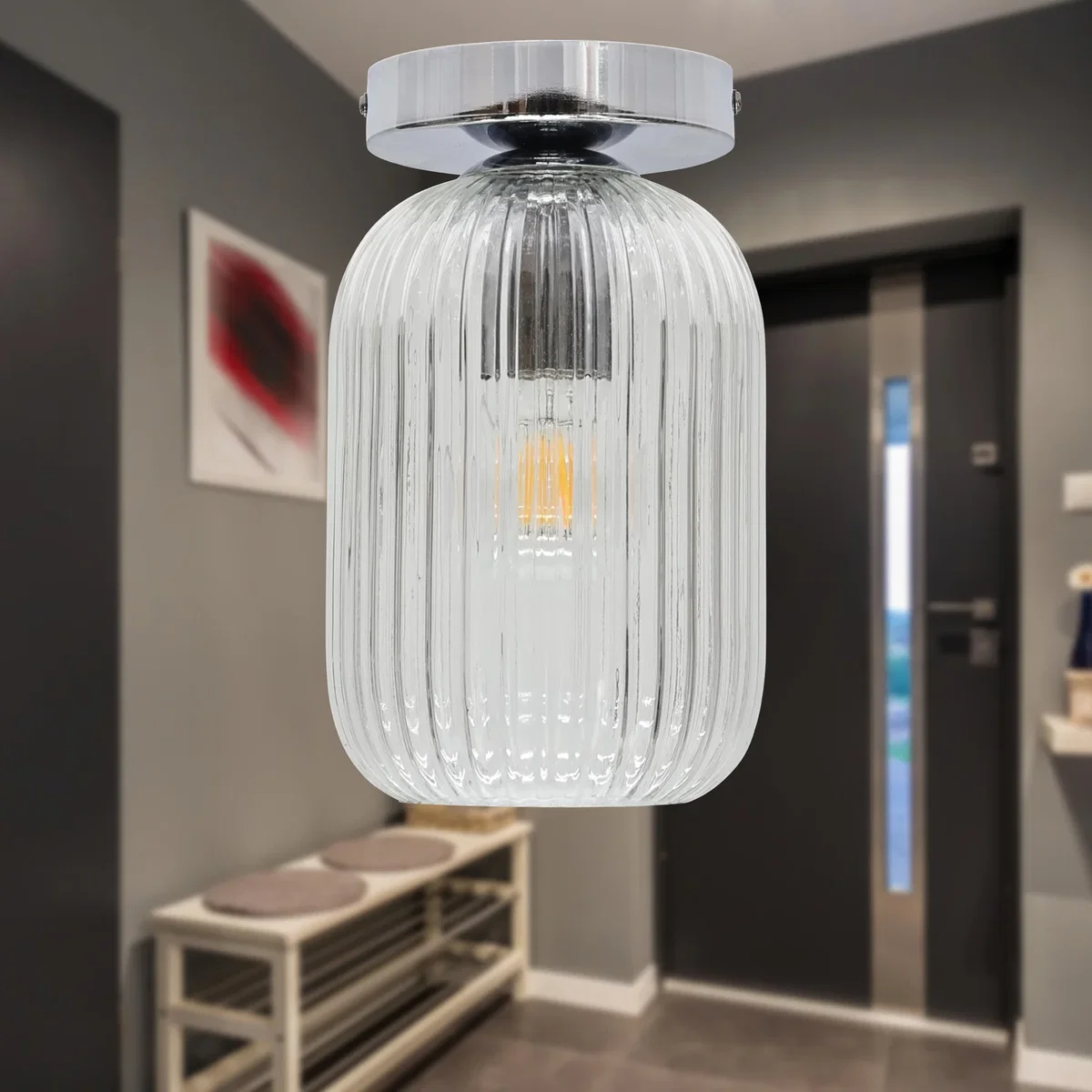 Batley Clear Ribbed Glass Chrome Ceiling Light Fitting - Chrome & Clear – image 3