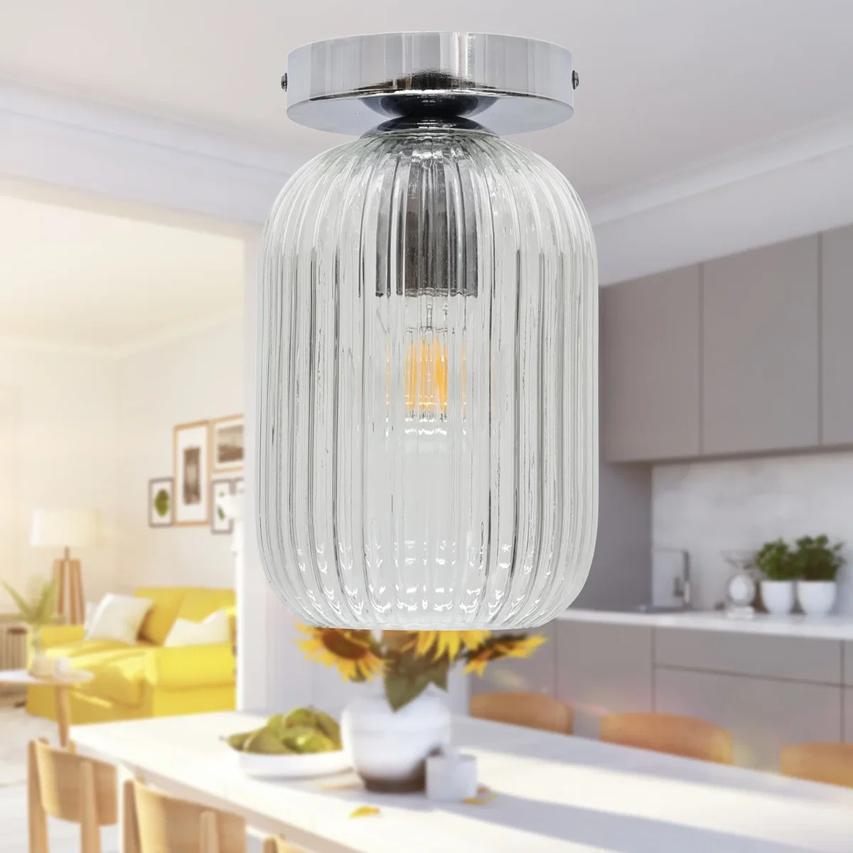 Batley Clear Ribbed Glass Chrome Ceiling Light Fitting - Chrome & Clear – image 4
