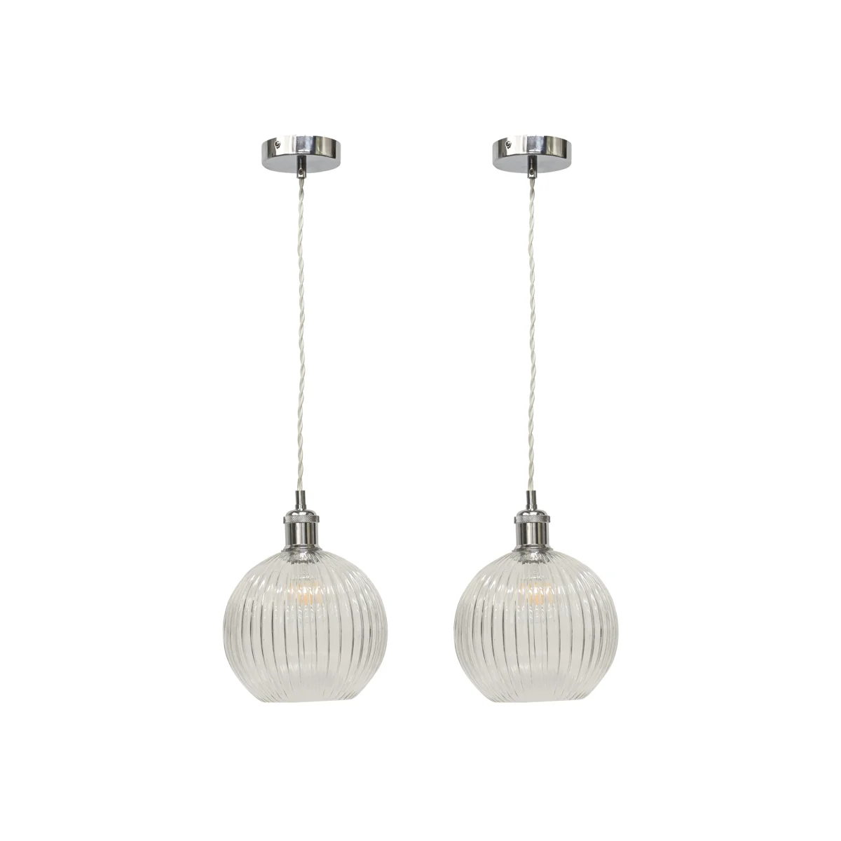 Set Of 2 Betchley Clear Ribbed Globe Chrome Retro Pendant Fittings - Chrome & Clear – image 1
