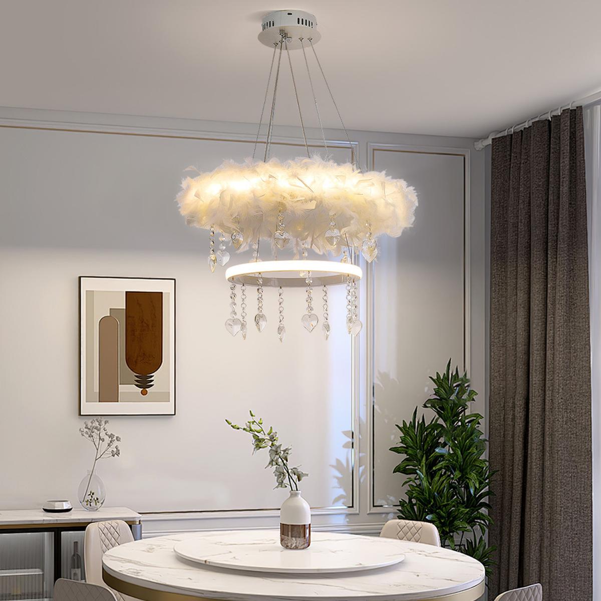 Double-Layer Feather LED Pendant Light with Crystals - White