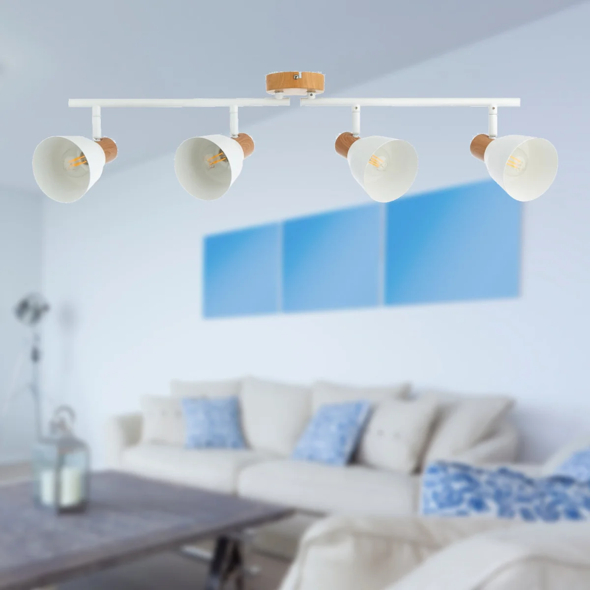 Matt White & Wood Detail 4 Way Adjustable Ceiling Spotlight - Matt White With Wood Effect Detail – image 3