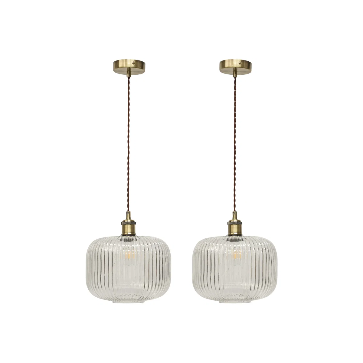 Set Of 2 Batley Large Clear Rib Glass Antique Brass Retro Pendants - Antique Brass & Clear – image 1
