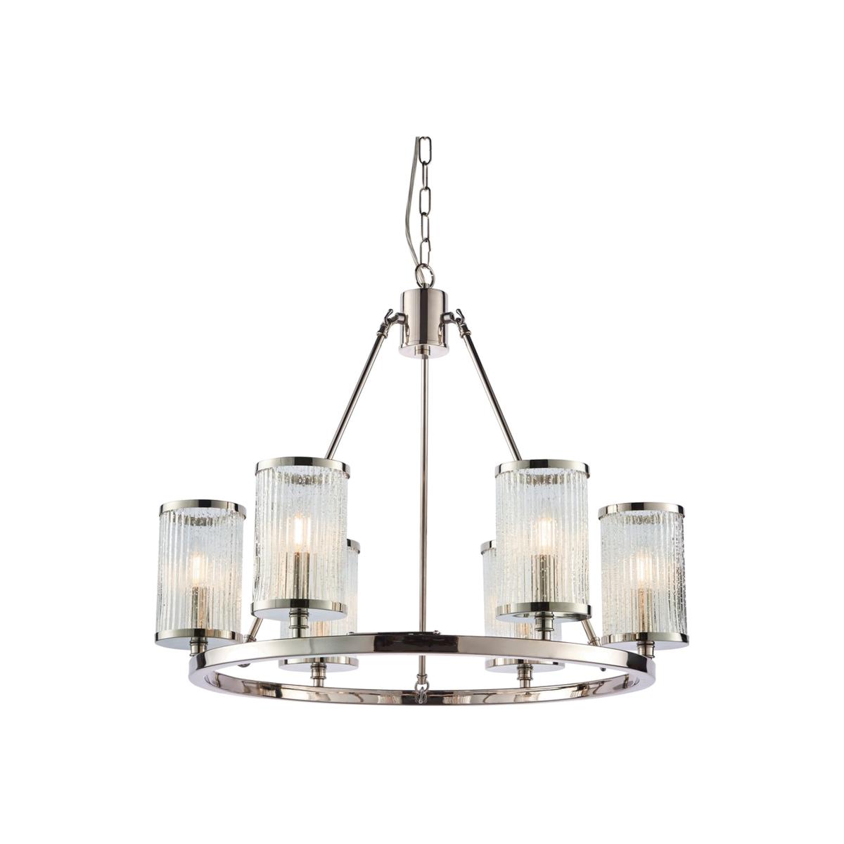 Easton 6 Light Multi Arm Pendant Bright Nickel, Ribbed Glass Bubble Effect, E14 - Clear Ribbed Glass With Bubbles – image 1