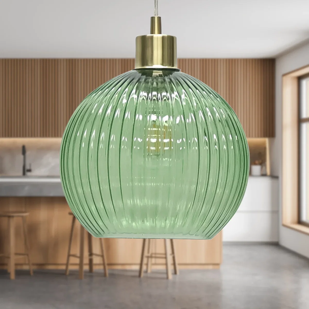 Betchley Green Ribbed Glass Globe With Satin Brass Pendant Fitting - Satin Brass & Green – image 3