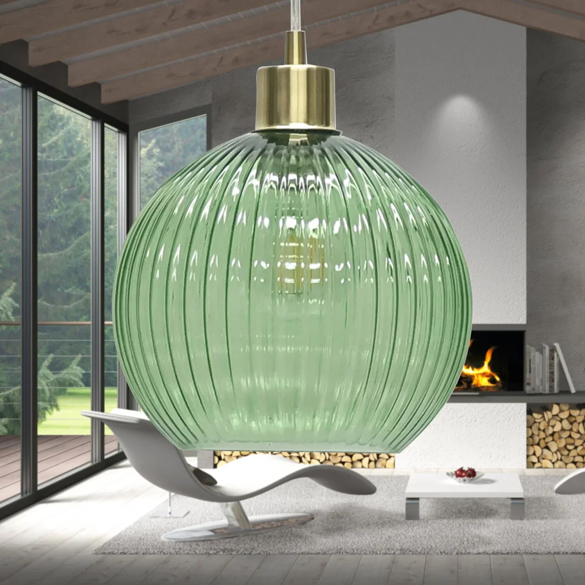 Betchley Green Ribbed Glass Globe With Satin Brass Pendant Fitting - Satin Brass & Green – image 4