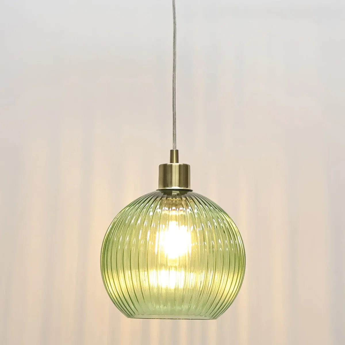 Betchley Green Ribbed Glass Globe With Satin Brass Pendant Fitting - Satin Brass & Green – image 5