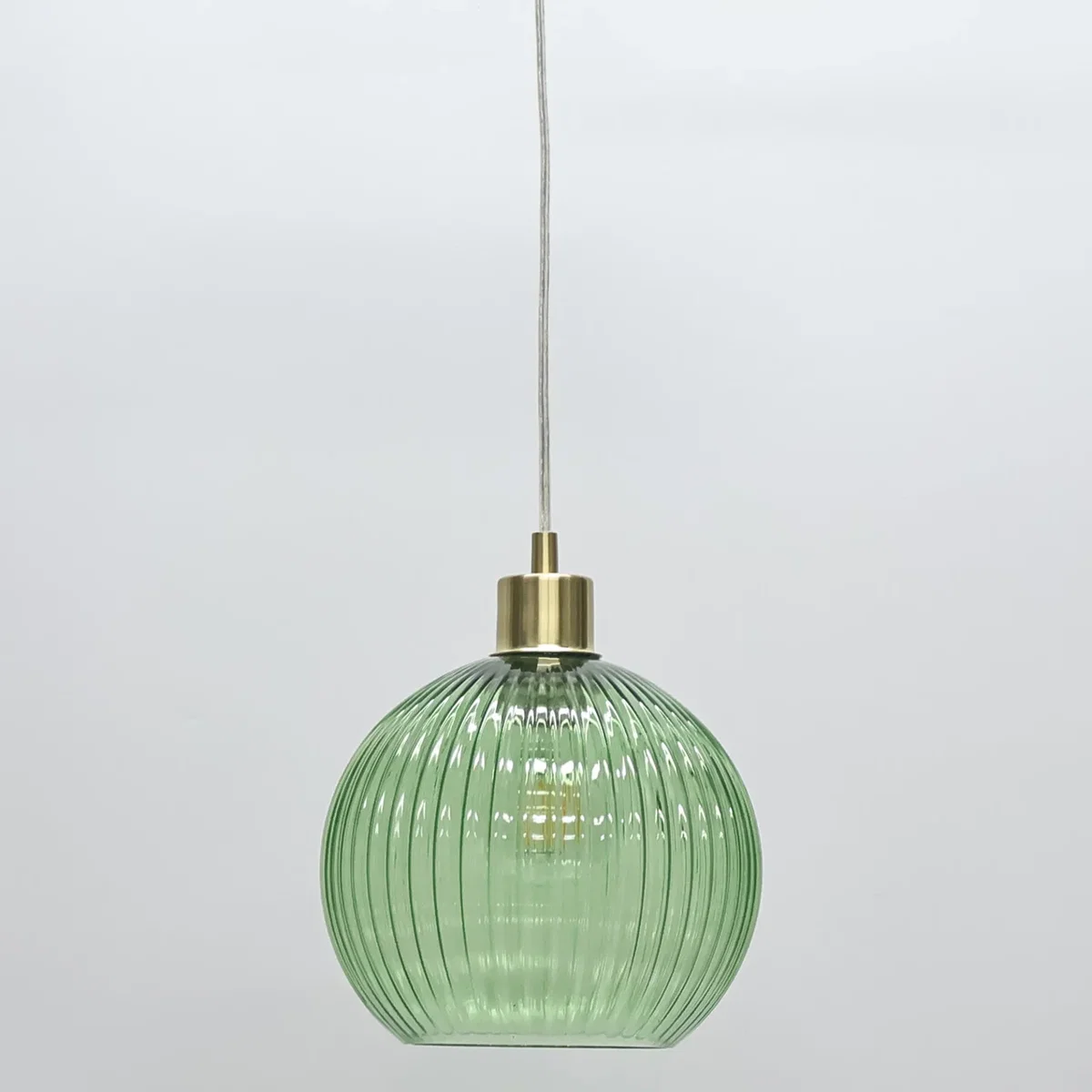 Betchley Green Ribbed Glass Globe With Satin Brass Pendant Fitting - Satin Brass & Green – image 6