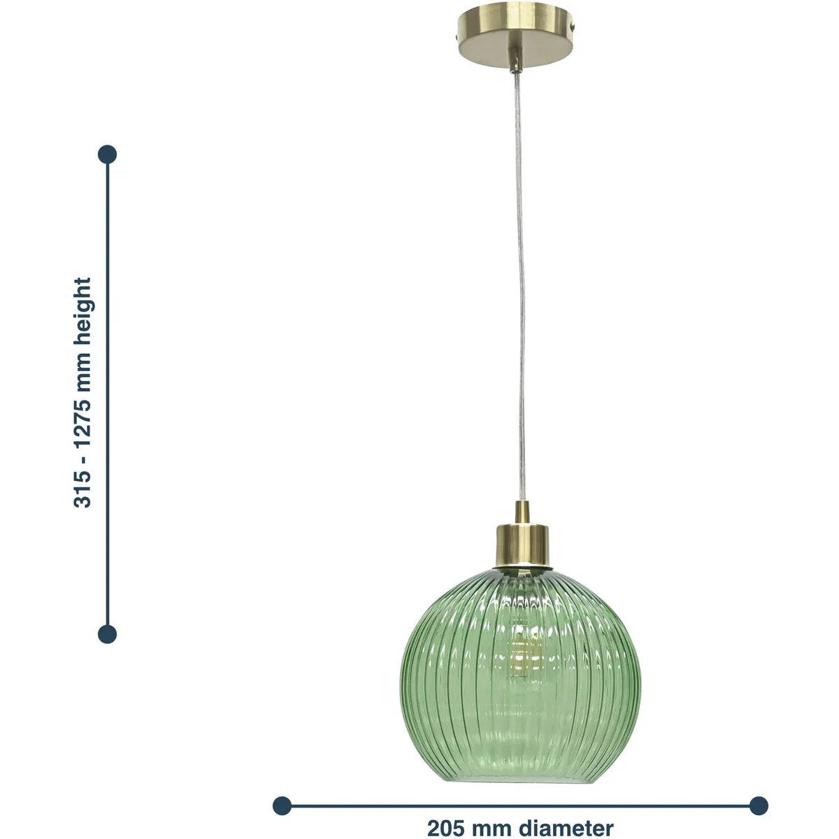 Betchley Green Ribbed Glass Globe With Satin Brass Pendant Fitting - Satin Brass & Green – image 8