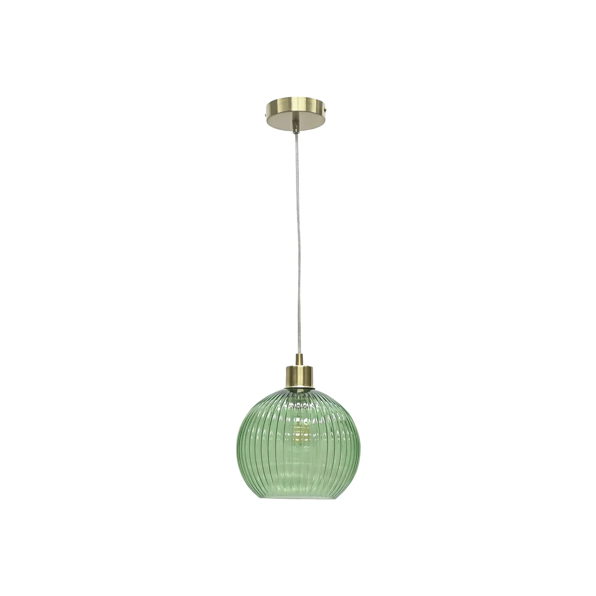Betchley Green Ribbed Glass Globe With Satin Brass Pendant Fitting - Satin Brass & Green – image 1