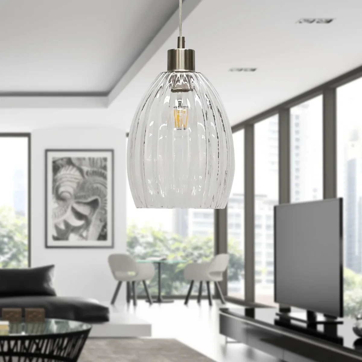 Set Of 2 Birch Clear Fluted Glass With Satin Nickel Pendant Fittings - Satin Nickel & Clear – image 4