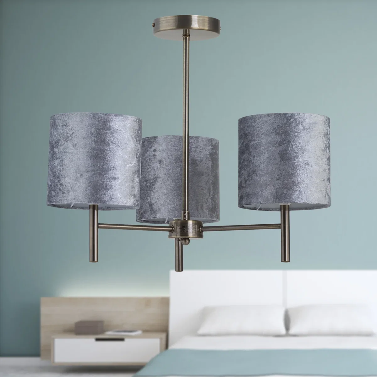 Brea Antique Brass 3 Light Fitting With Grey Crushed Velvet Shades - Antique Brass & Grey – image 3