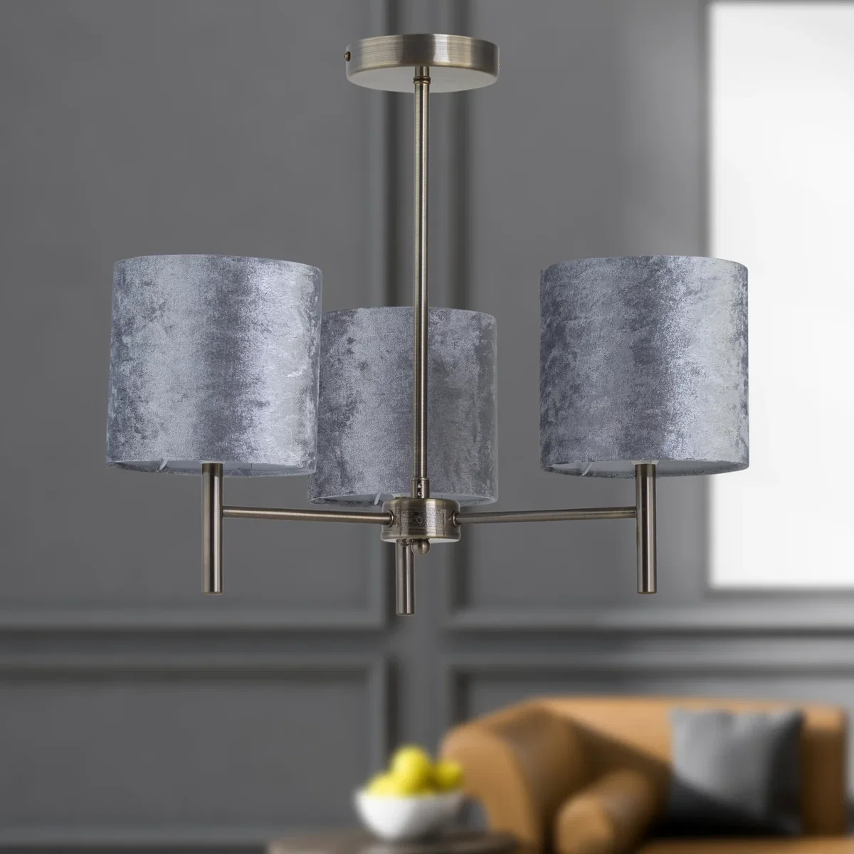 Brea Antique Brass 3 Light Fitting With Grey Crushed Velvet Shades - Antique Brass & Grey – image 4