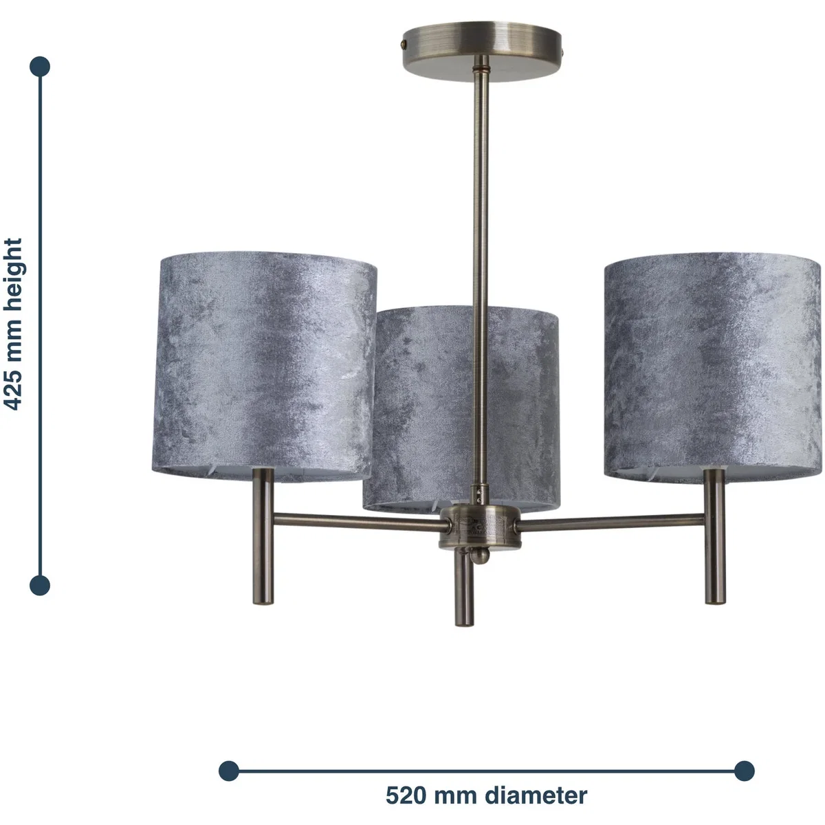 Brea Antique Brass 3 Light Fitting With Grey Crushed Velvet Shades - Antique Brass & Grey – image 5