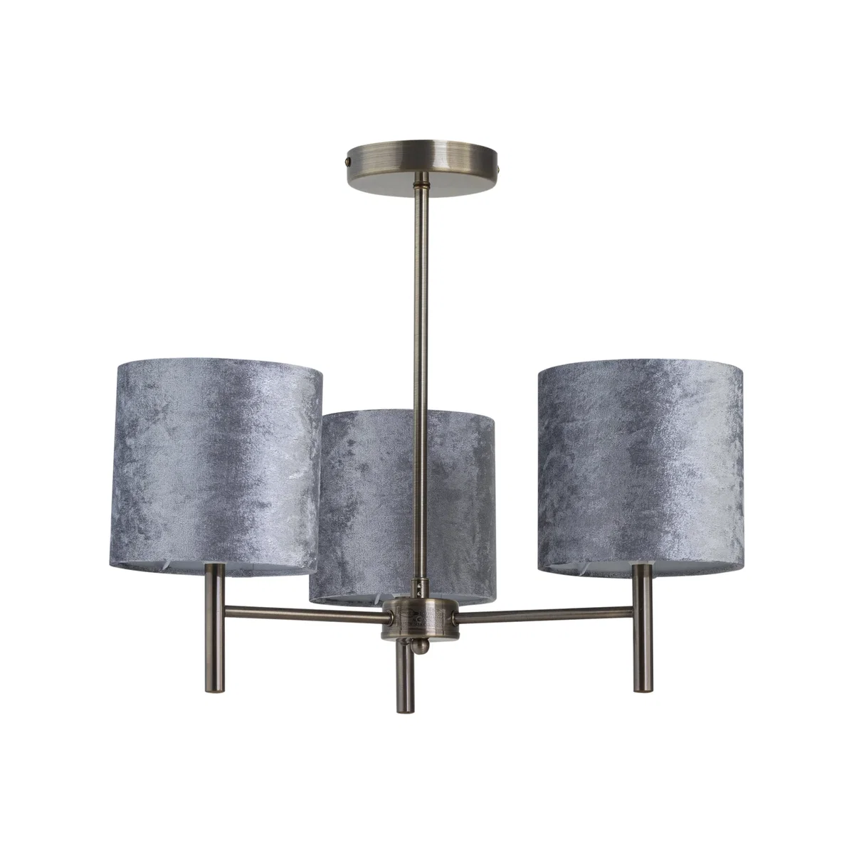 Brea Antique Brass 3 Light Fitting With Grey Crushed Velvet Shades - Antique Brass & Grey – image 1