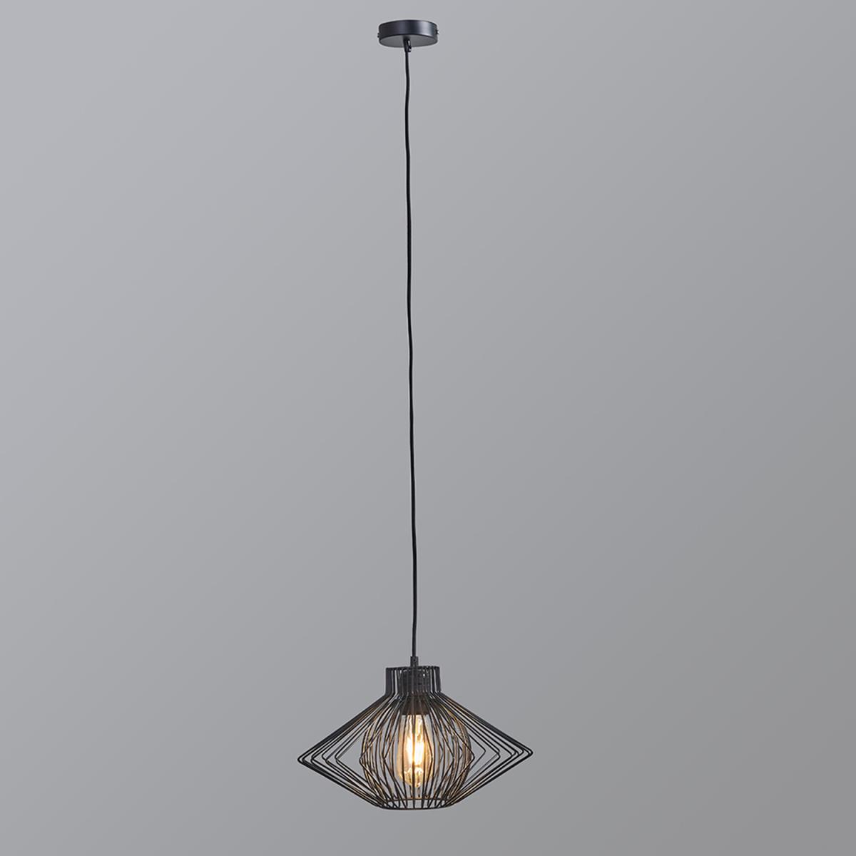 Retro Matt Black Ceiling Pendant Light Fitting With Black Geometric Wire Shade - Black – image 2