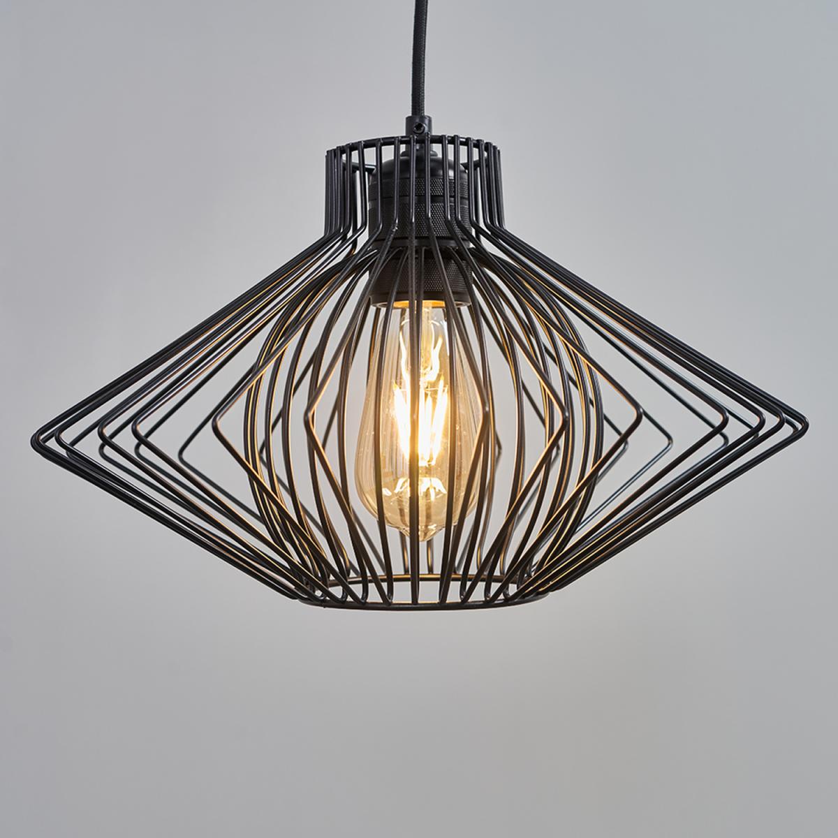 Retro Matt Black Ceiling Pendant Light Fitting With Black Geometric Wire Shade - Black – image 3