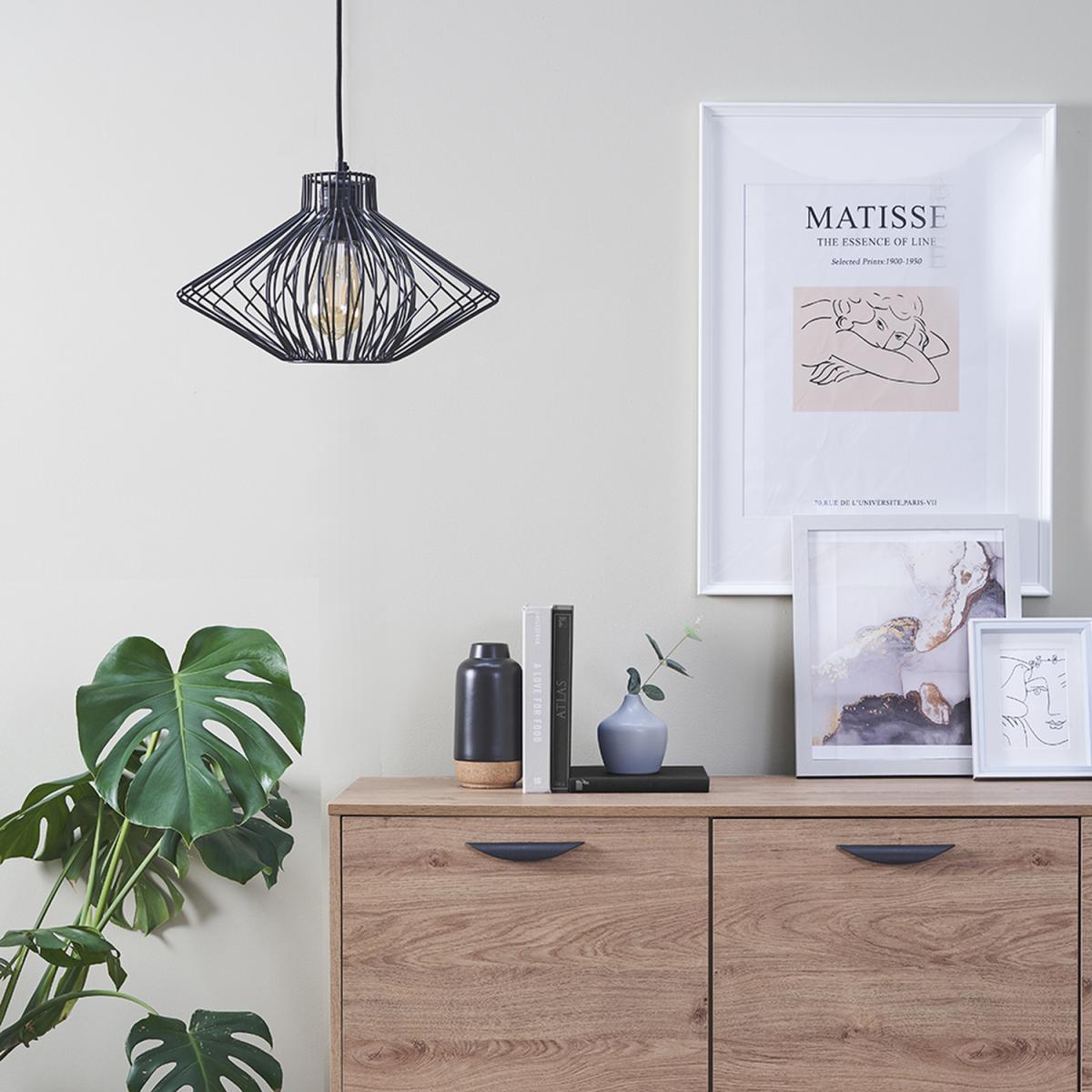 Retro Matt Black Ceiling Pendant Light Fitting With Black Geometric Wire Shade - Black – image 1