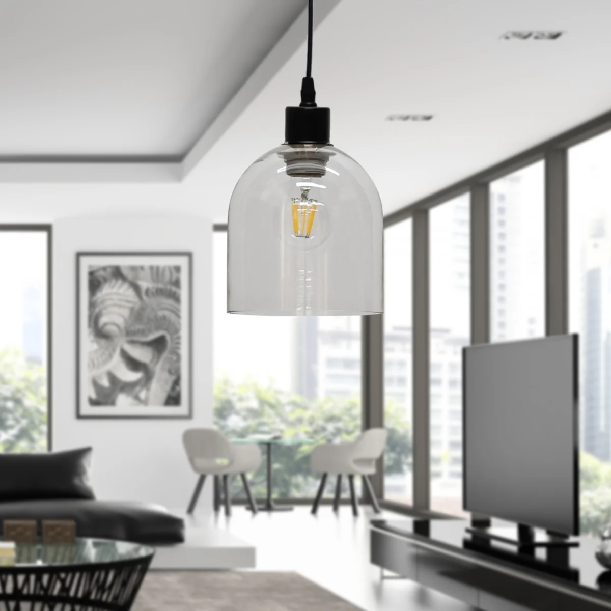 Set Of 2 Belten Clear Glass Cloche With Black Pendant Fittings - Black & Clear – image 4
