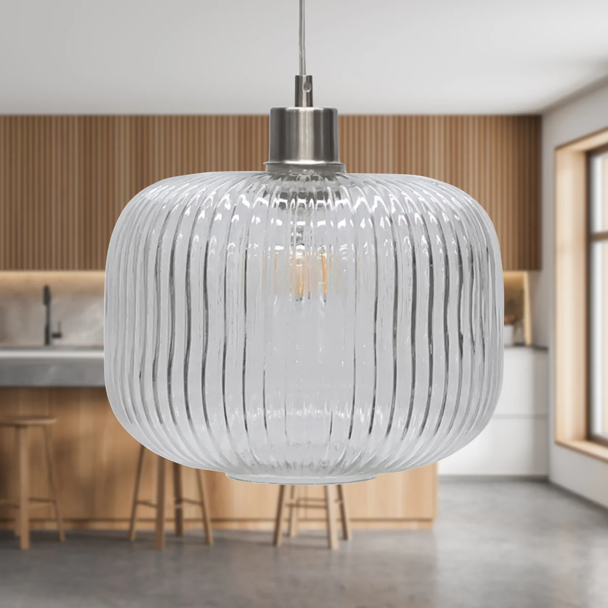 Set Of 2 Batley Large Clear Ribbed Glass With Satin Nickel Pendants - Clear Ribbed – image 3