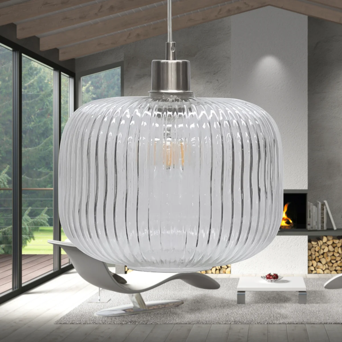 Set Of 2 Batley Large Clear Ribbed Glass With Satin Nickel Pendants - Clear Ribbed – image 4