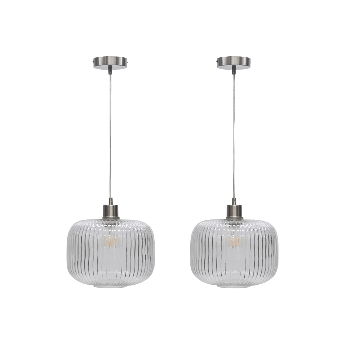 Set Of 2 Batley Large Clear Ribbed Glass With Satin Nickel Pendants - Clear Ribbed – image 1