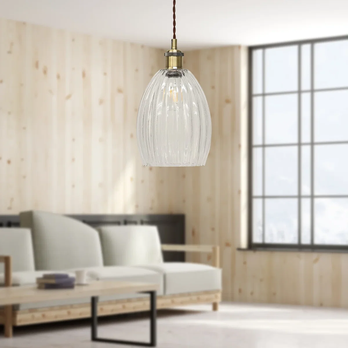 Set Of 2 Birch Clear Fluted Glass Antique Brass Retro Pendants - Antique Brass & Clear – image 2