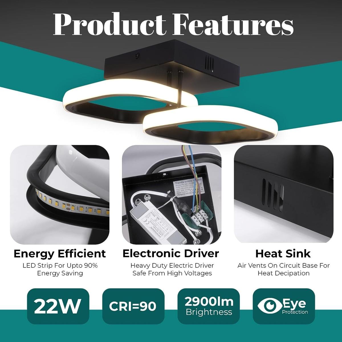 Semi Flush Square LED Ceiling Light 22W - Black – image 3
