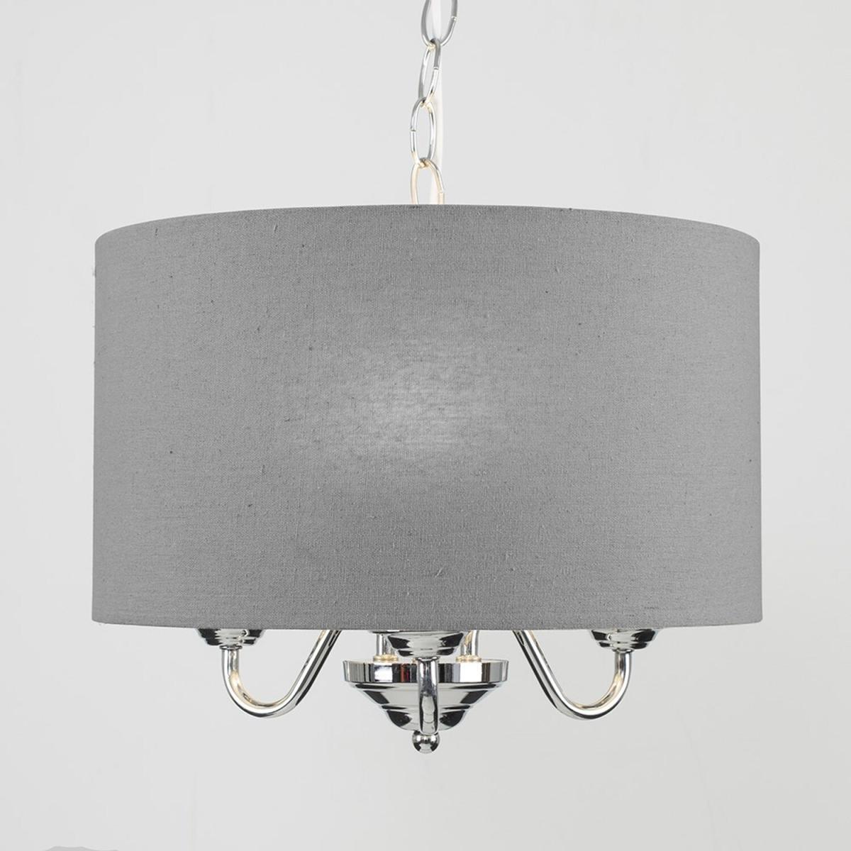 Modern Chrome 3 Way Curved Arm Grey Linen Slimline Drum Ceiling Light Pendant - Silver – image 2