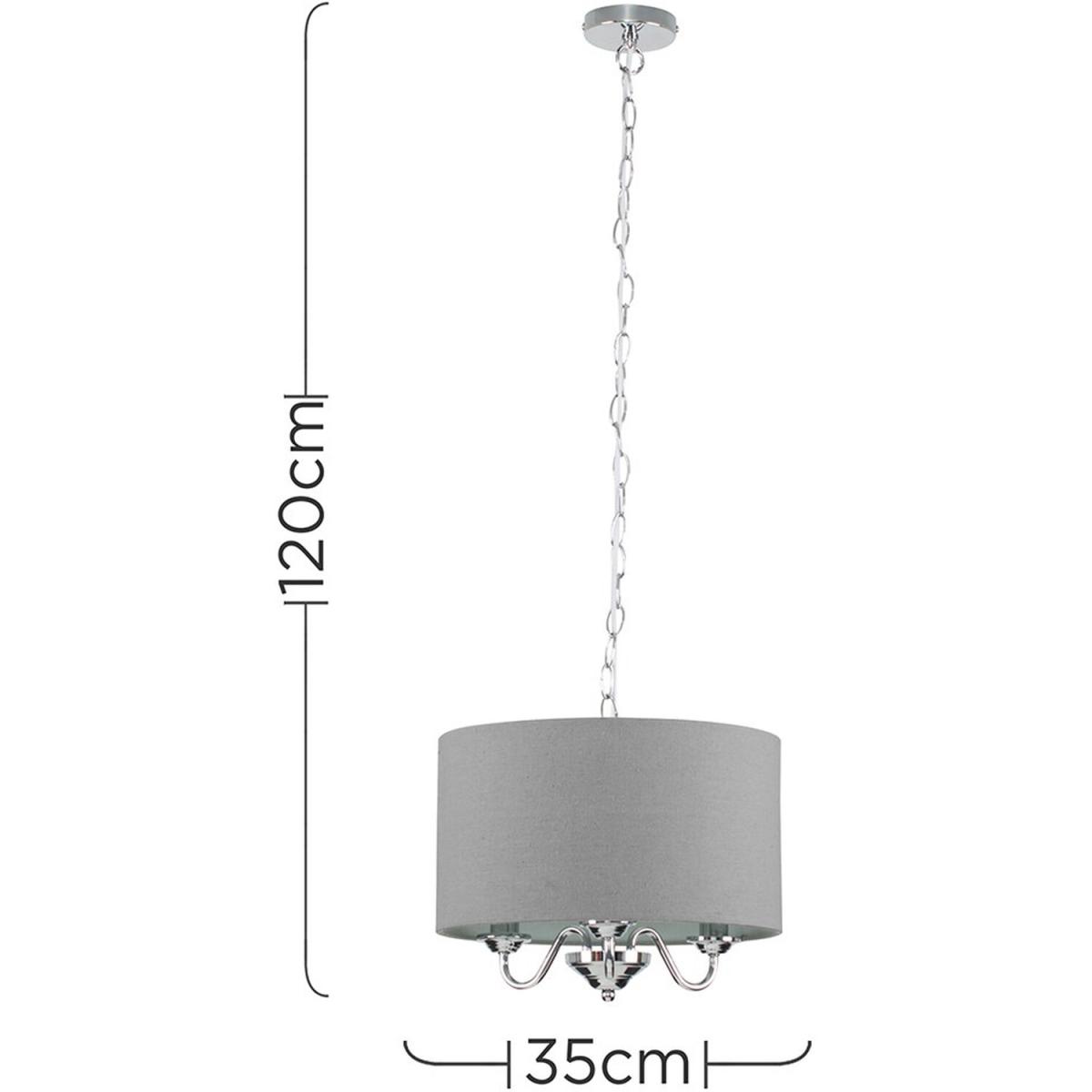 Modern Chrome 3 Way Curved Arm Grey Linen Slimline Drum Ceiling Light Pendant - Silver – image 4
