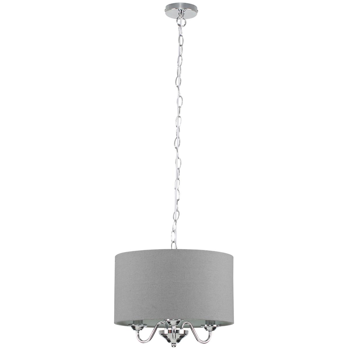 Modern Chrome 3 Way Curved Arm Grey Linen Slimline Drum Ceiling Light Pendant - Silver – image 5