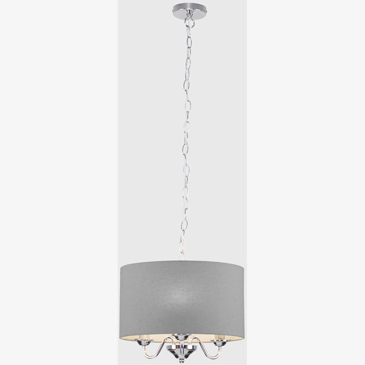 Modern Chrome 3 Way Curved Arm Grey Linen Slimline Drum Ceiling Light Pendant - Silver – image 1
