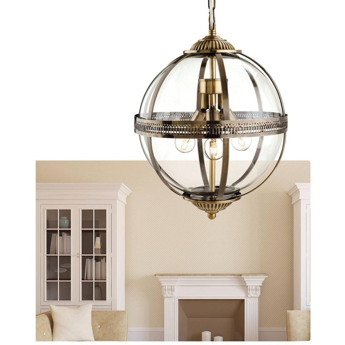 Mayfair 3 Light Spherical Ceiling Pendant Antique Brass, Clear Glass, E14 - Clear Glass – image 2