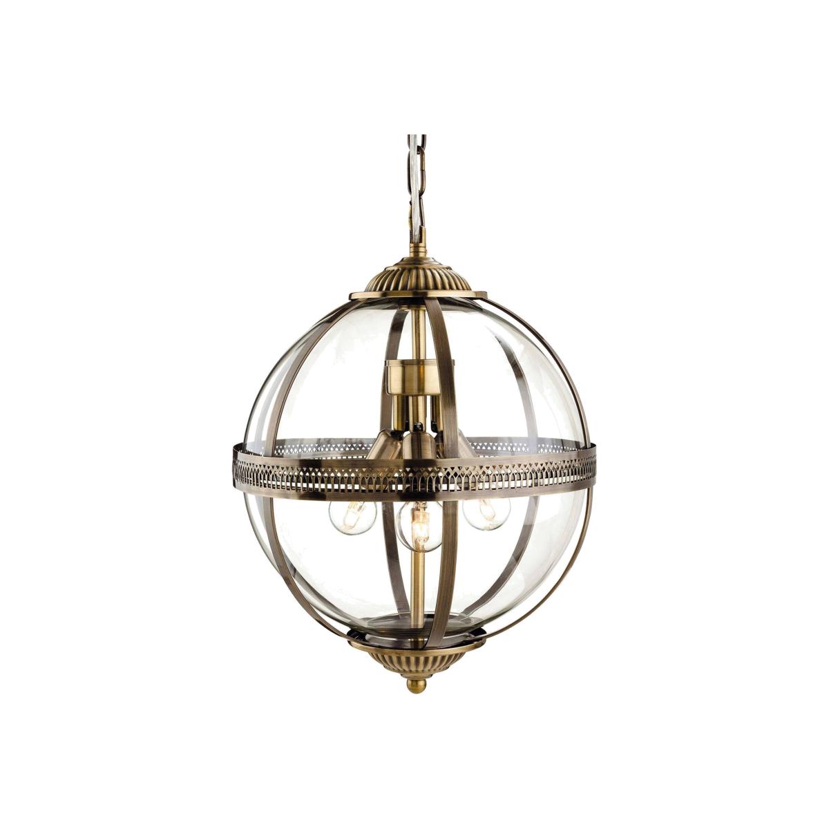 Mayfair 3 Light Spherical Ceiling Pendant Antique Brass, Clear Glass, E14 - Clear Glass – image 1