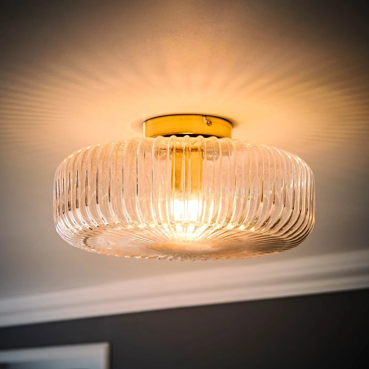Calpe Large Flush Ceiling Light with Ribbed Shade - Brushed Gold / No - Brushed Gold – image 3