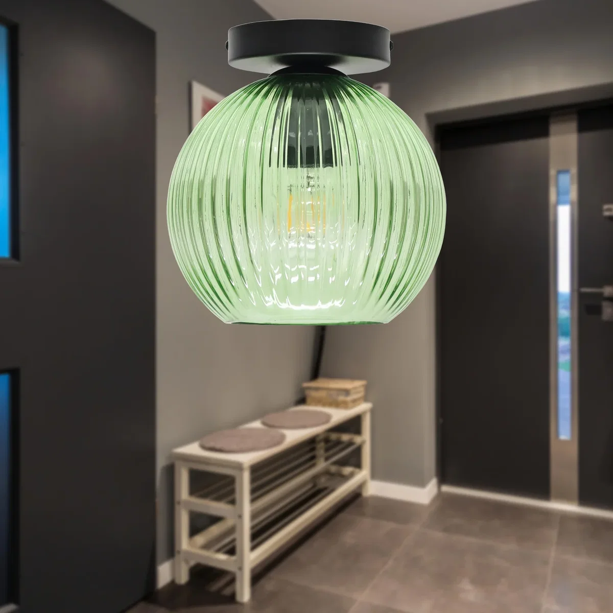 Set Of 2 Betchley Green Ribbed Glass Globe Black Ceiling Lights - Black & Green – image 3