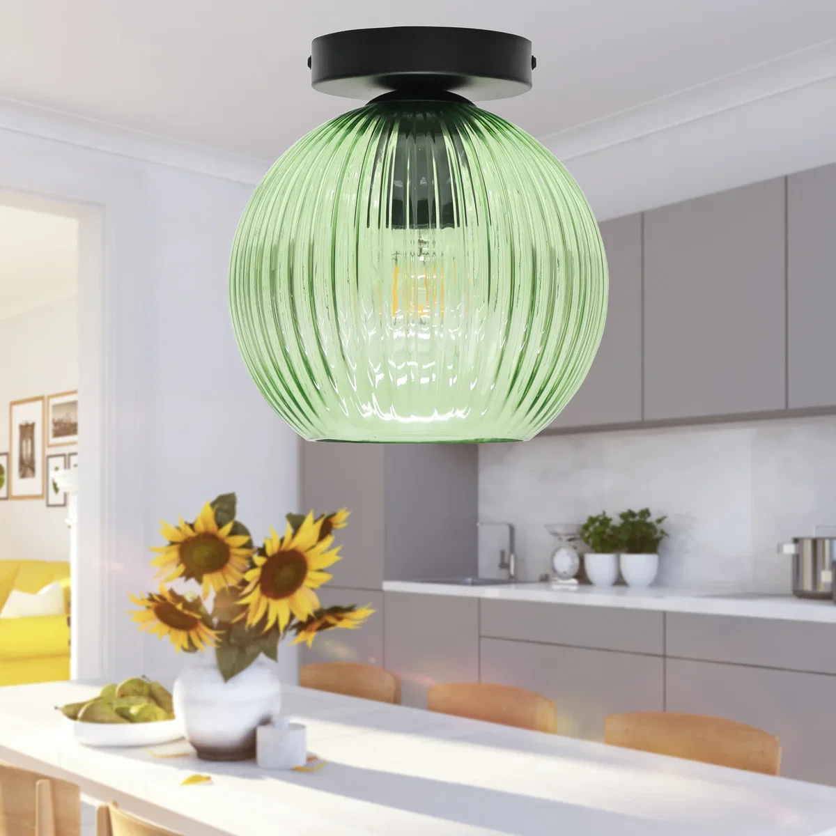 Set Of 2 Betchley Green Ribbed Glass Globe Black Ceiling Lights - Black & Green – image 4