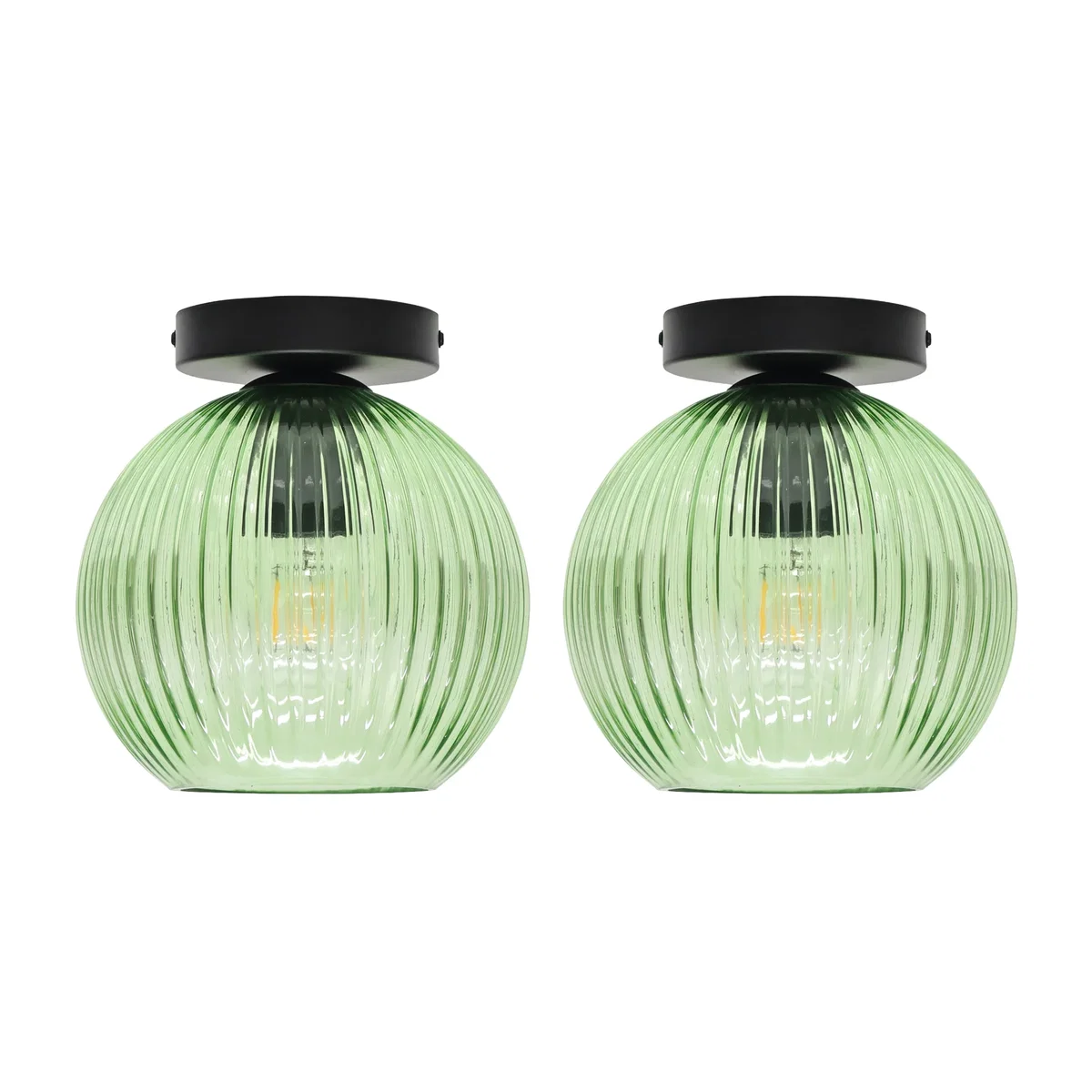 Set Of 2 Betchley Green Ribbed Glass Globe Black Ceiling Lights - Black & Green – image 1