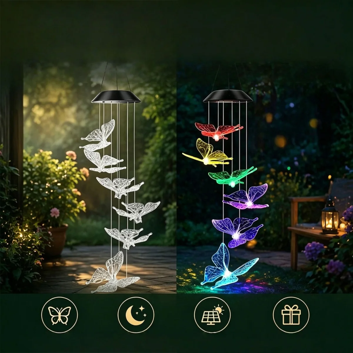 Solar Butterfly Wind Chime Lights Outdoor Hanging LED Garden - Black – image 2
