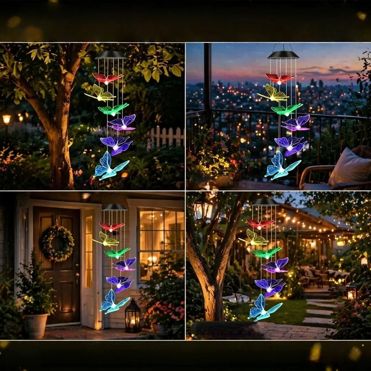 Solar Butterfly Wind Chime Lights Outdoor Hanging LED Garden - Black – image 4