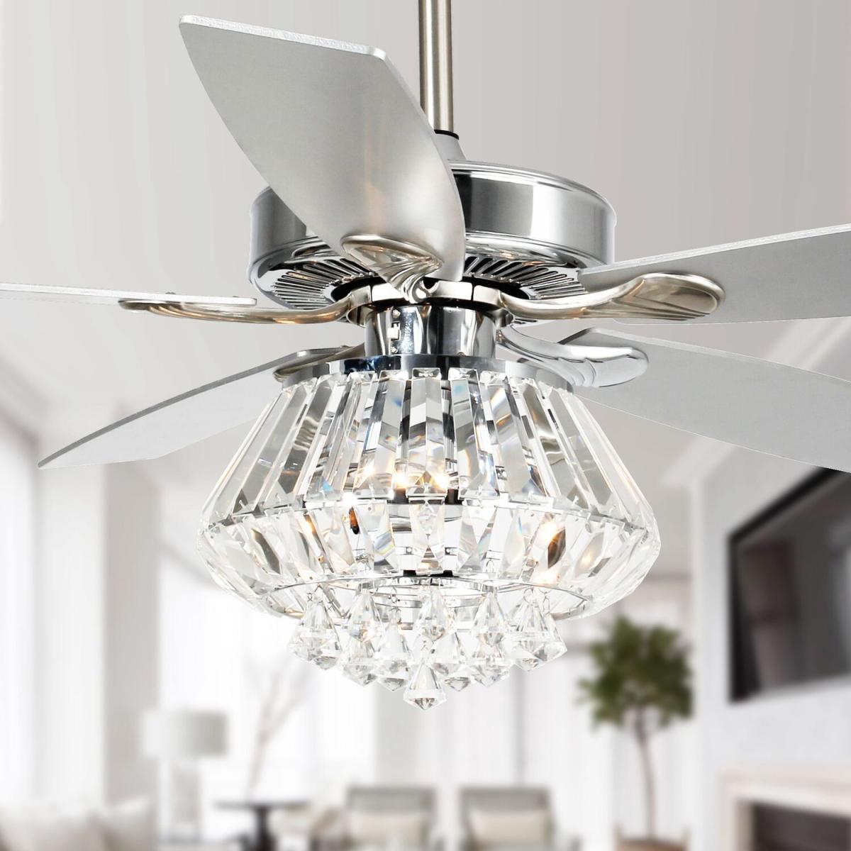 Modern 5-Blade Chandelier Ceiling Fan Crystal Light With Remote Control - Silver – image 3