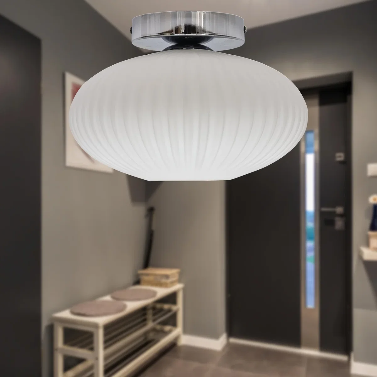 Baton White Ribbed Oval Glass Chrome Ceiling Light Fitting - Chrome & White – image 3