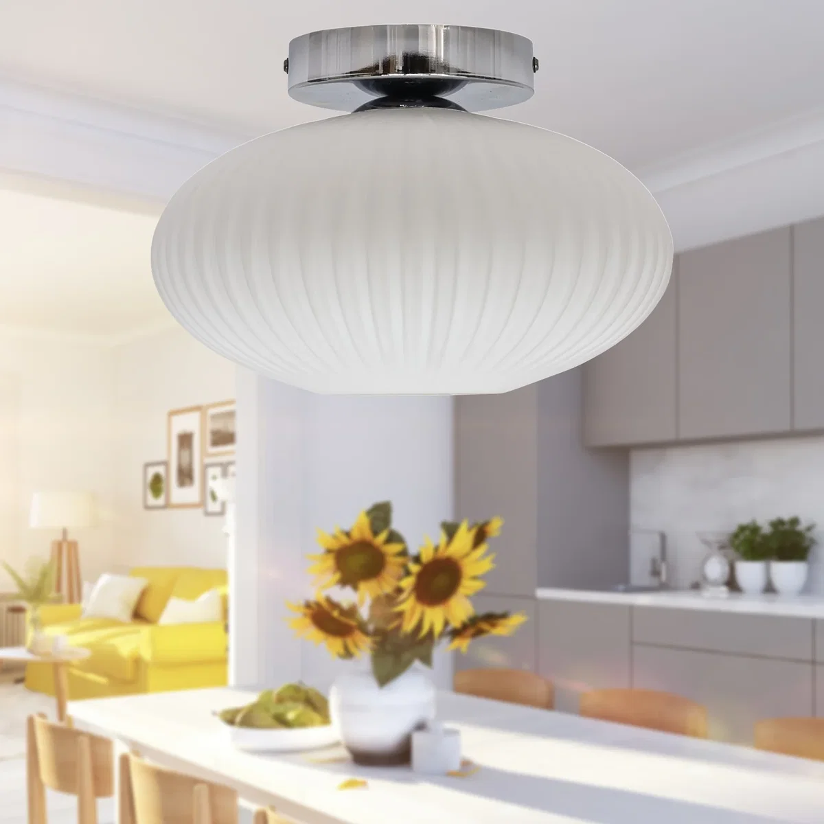 Baton White Ribbed Oval Glass Chrome Ceiling Light Fitting - Chrome & White – image 4