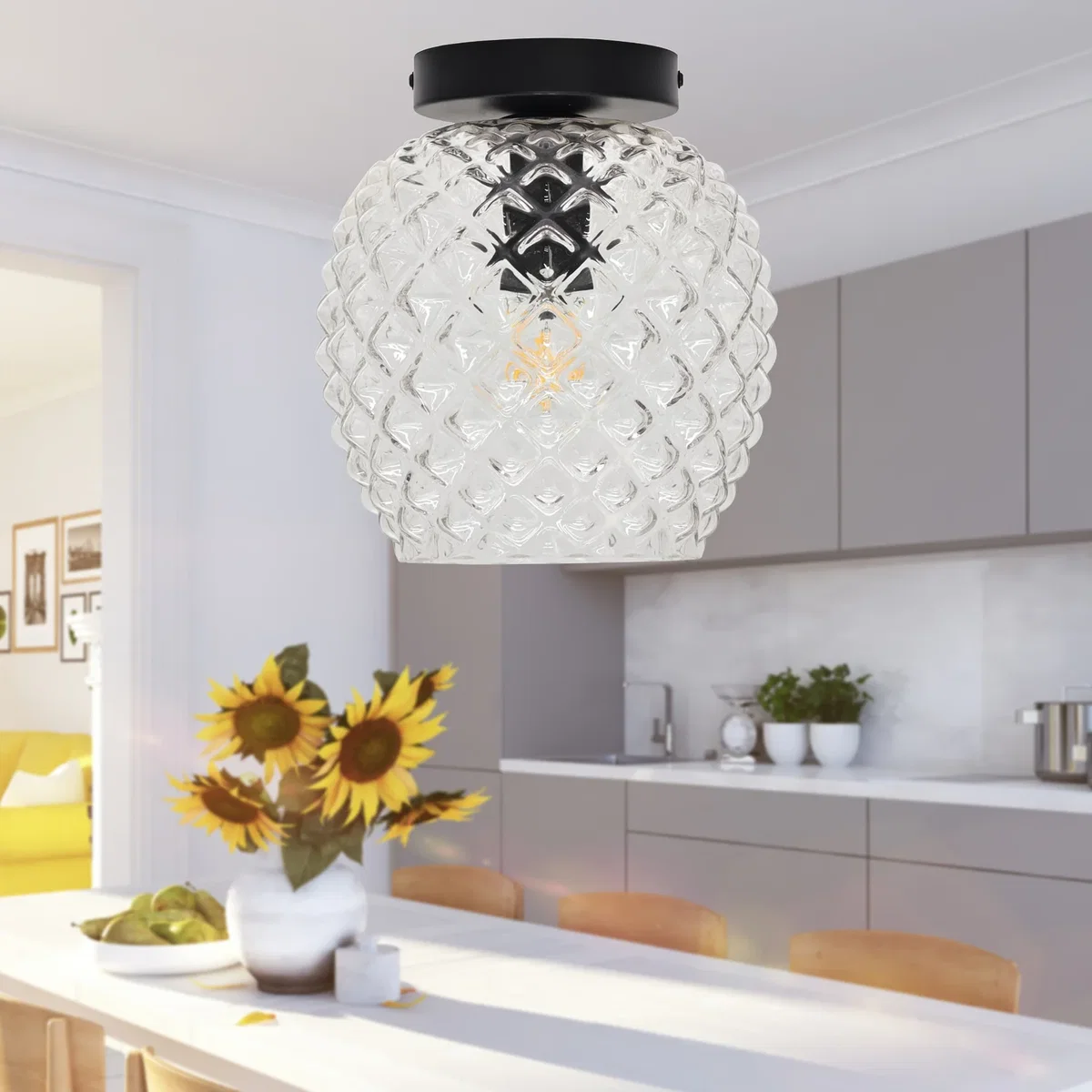 Baine Clear Textured Glass Black Ceiling Light Fitting - Black & Clear – image 3