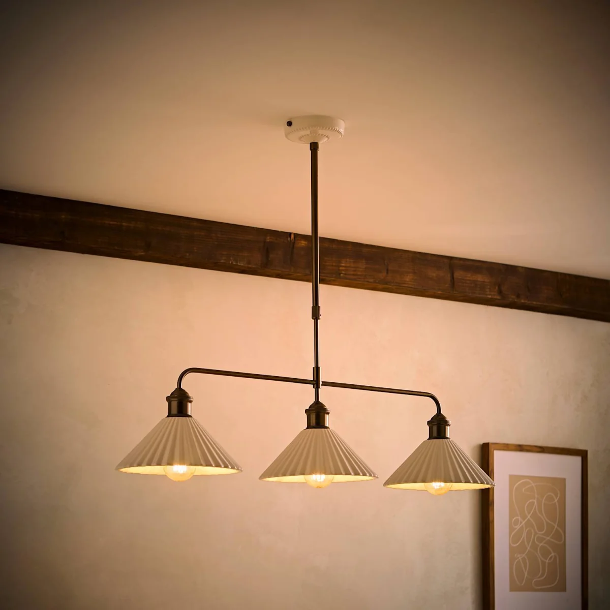 Burford Ceramic Ribbed 3 Drop Diner Bar Ceiling Light - Cream – image 3