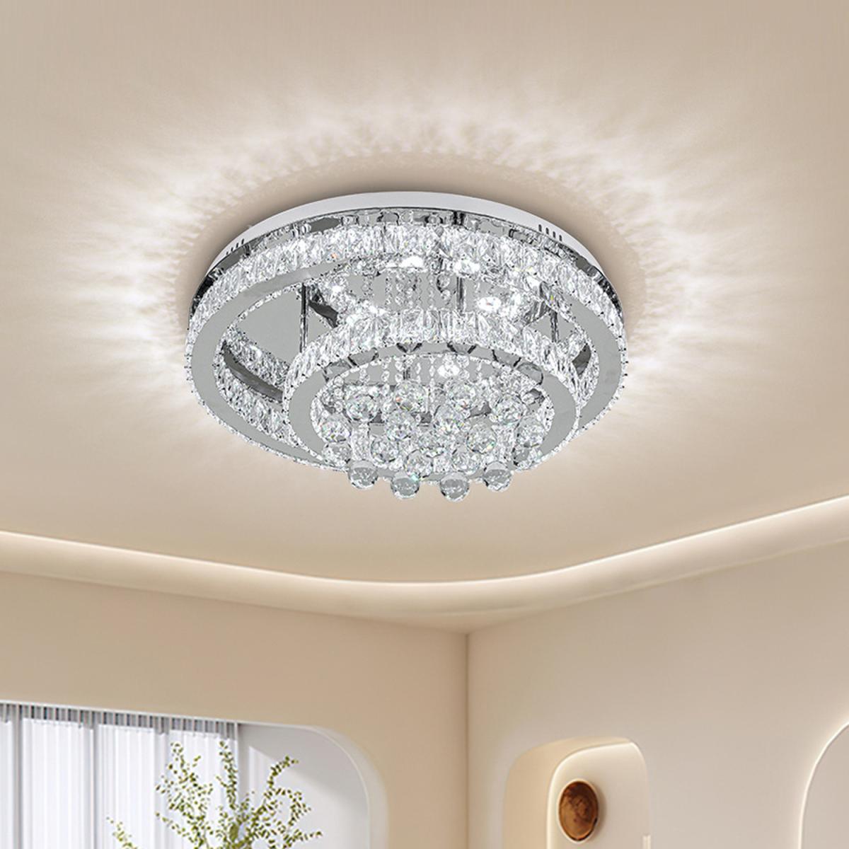 2-Tier Round Crystal Ceiling Light with Pendants - Cool White